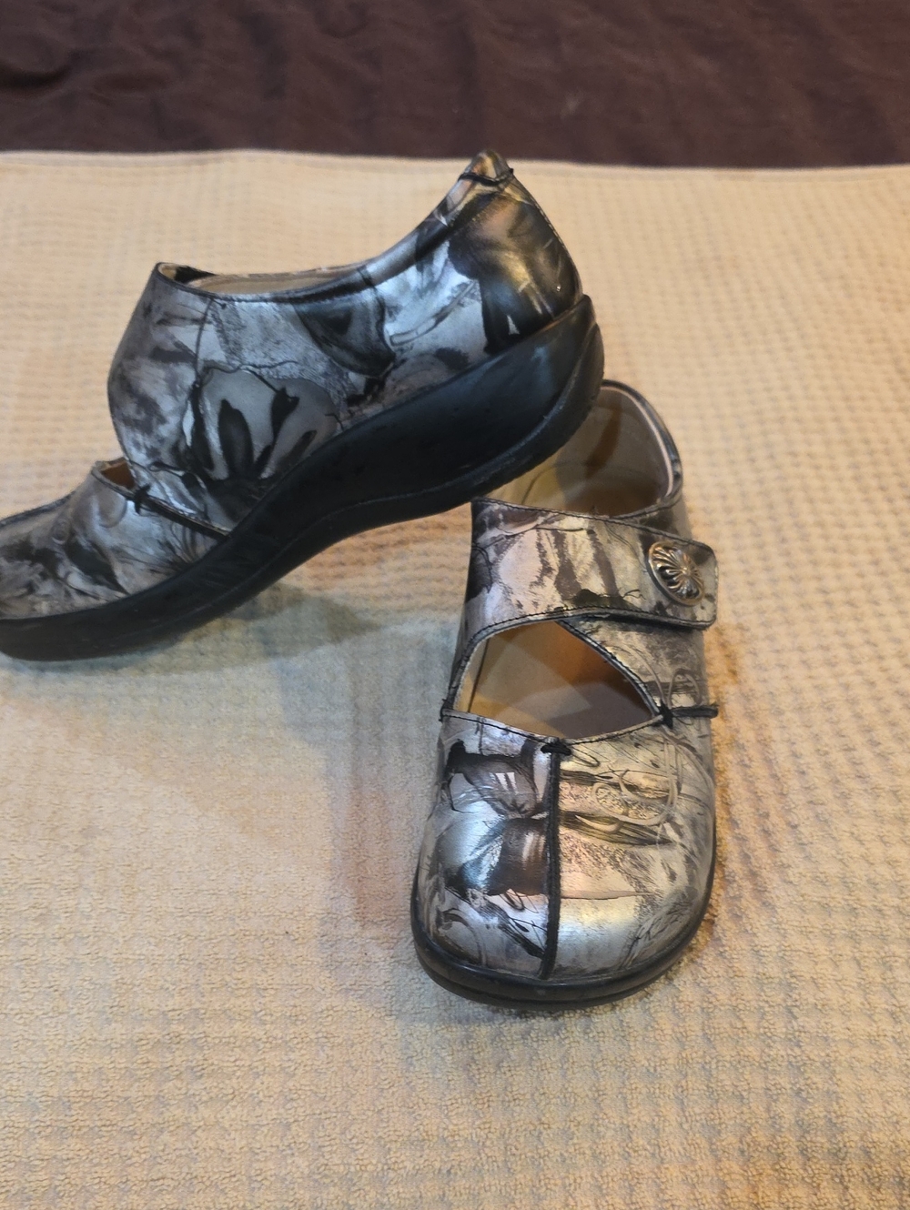 Alegria Metallic Silver Floral Clog Mule with Strap